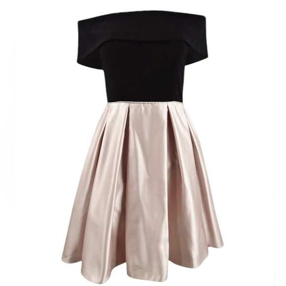 Betsy & Adam-NWT Black & Beige Off The Shoulder Fit & Flare Cocktail Mini Dress - Picture 1 of 4